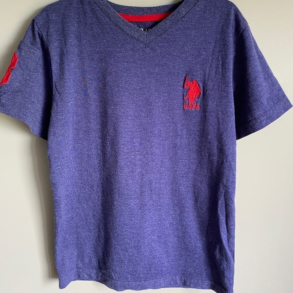US. POLO ASSN. Kid's Purple V-neck‎ Short Sleeve T-shirt Size 7 Arm Pocket